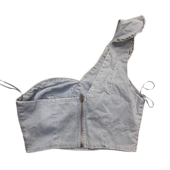 Denim One Shoulder Ruffle Bustier - Picture 2 of 6